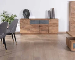 Bahut contemporain 175cm en acacia avec bandeau LED et tiroirs placage pierre 