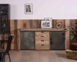 Bahut industriel portes coulissantes et tiroirs bois 180cm 