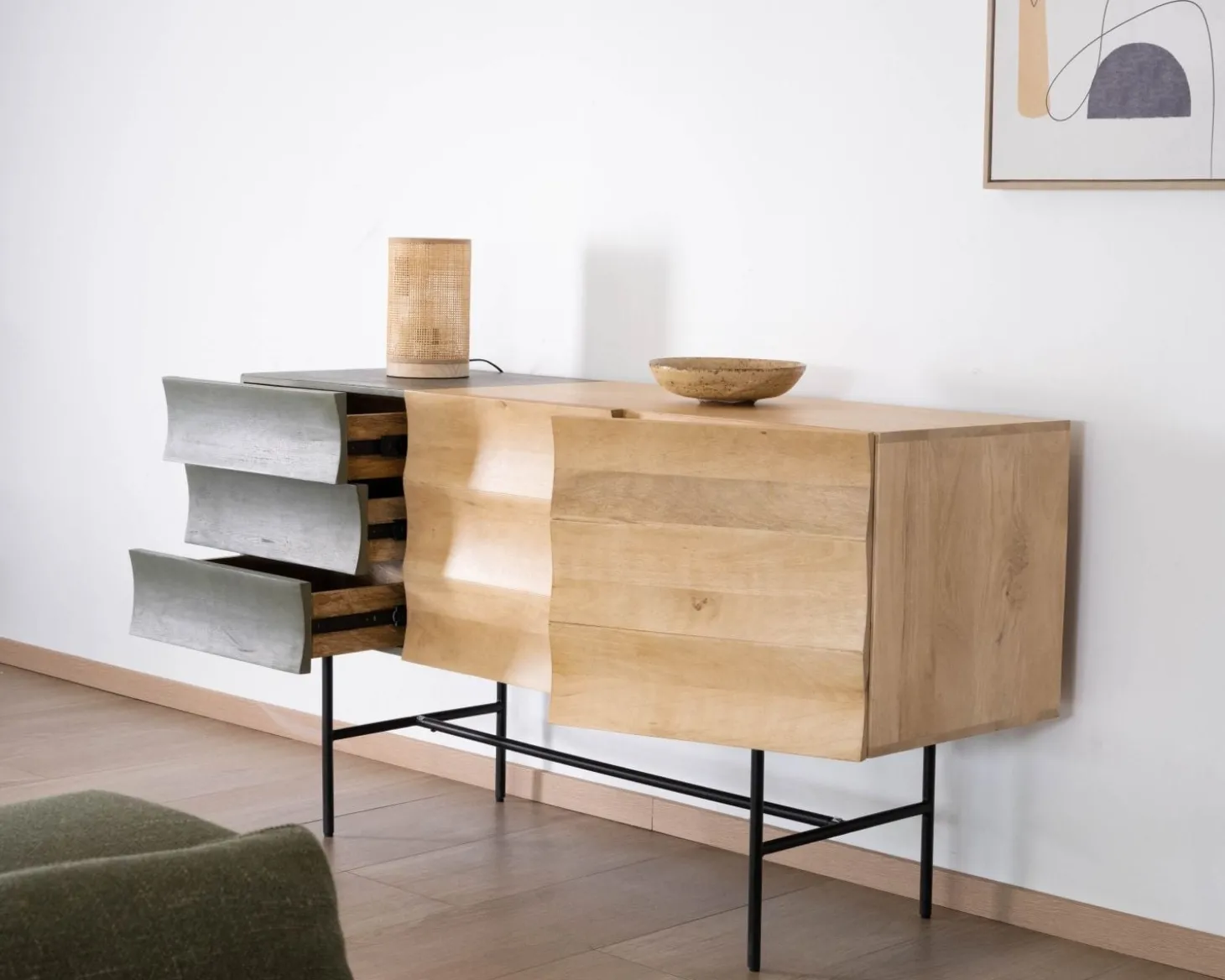 Buffet 3 portes japandi bicolore bois et métal "Elegancy" 150 cm