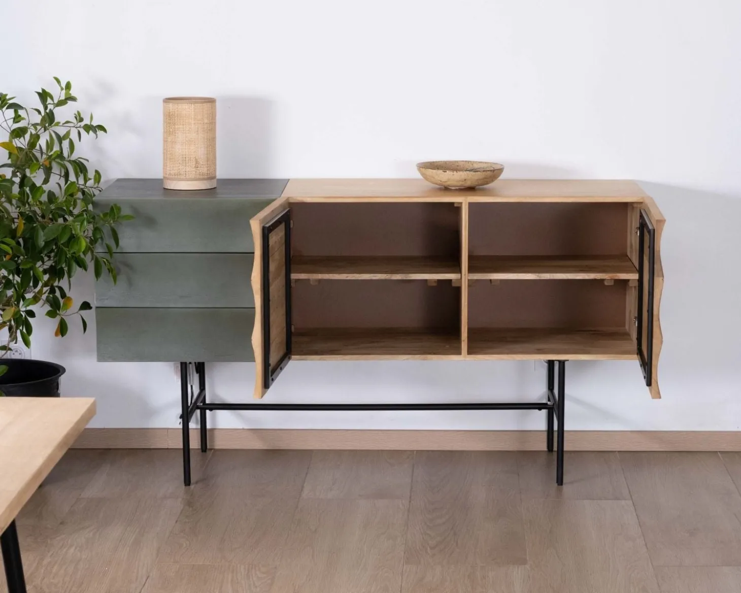Buffet 3 portes japandi bicolore bois et métal "Elegancy" 150 cm