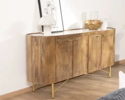 Buffet arrondi avec plateau en terrazzo blanc et pieds métal doré 
