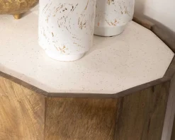 Buffet arrondi avec plateau en terrazzo blanc et pieds métal doré 