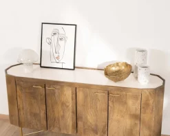 Buffet arrondi avec plateau en terrazzo blanc et pieds métal doré 
