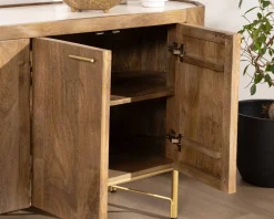 Buffet arrondi avec plateau en terrazzo blanc et pieds métal doré 