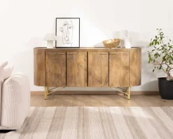 Buffet arrondi avec plateau en terrazzo blanc et pieds métal doré 