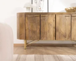 Buffet arrondi avec plateau en terrazzo blanc et pieds métal doré 