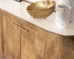 Buffet arrondi avec plateau en terrazzo blanc et pieds métal doré 