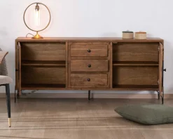 Buffet bas acacia massif et pieds métal noirs "Membatu" 175cm portes et tiroirs style ethnique