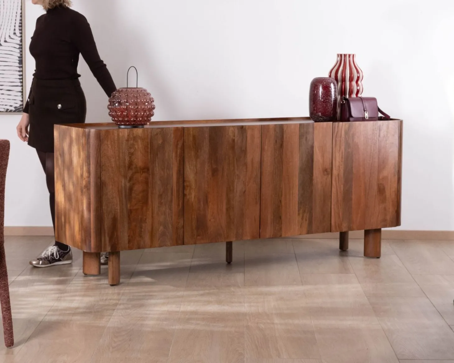 Buffet enfilade 4 portes 200 cm en manguier massif foncé "Malaké" style Japandi