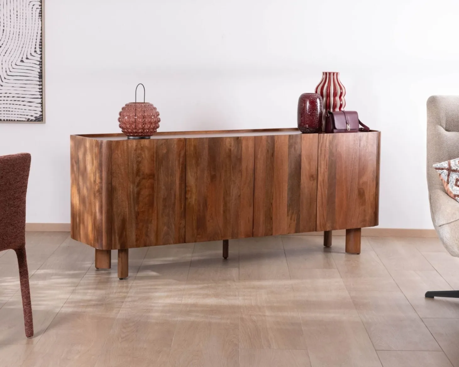 Buffet enfilade 4 portes 200 cm en manguier massif foncé "Malaké" style Japandi