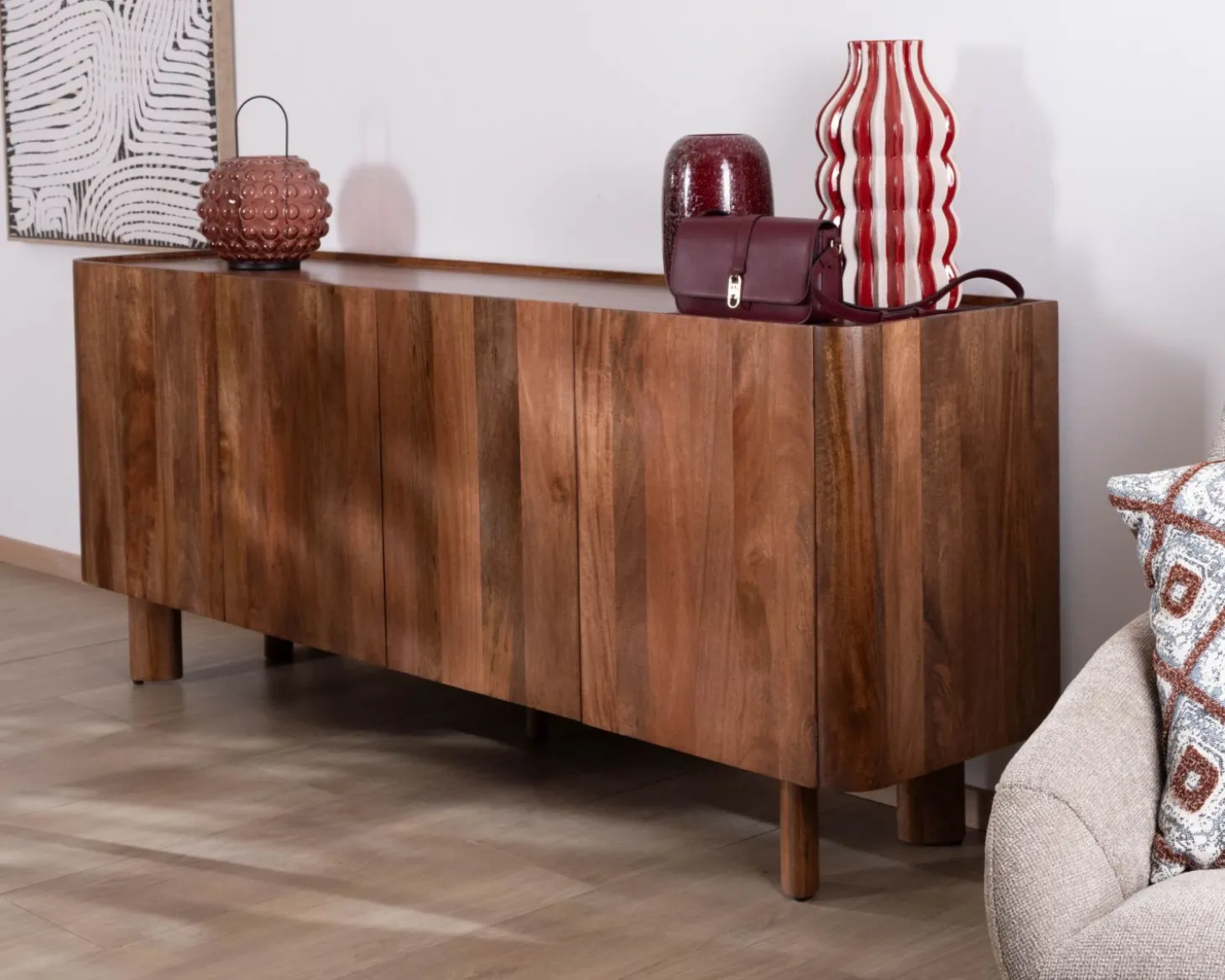 Buffet enfilade 4 portes 200 cm en manguier massif foncé "Malaké" style Japandi