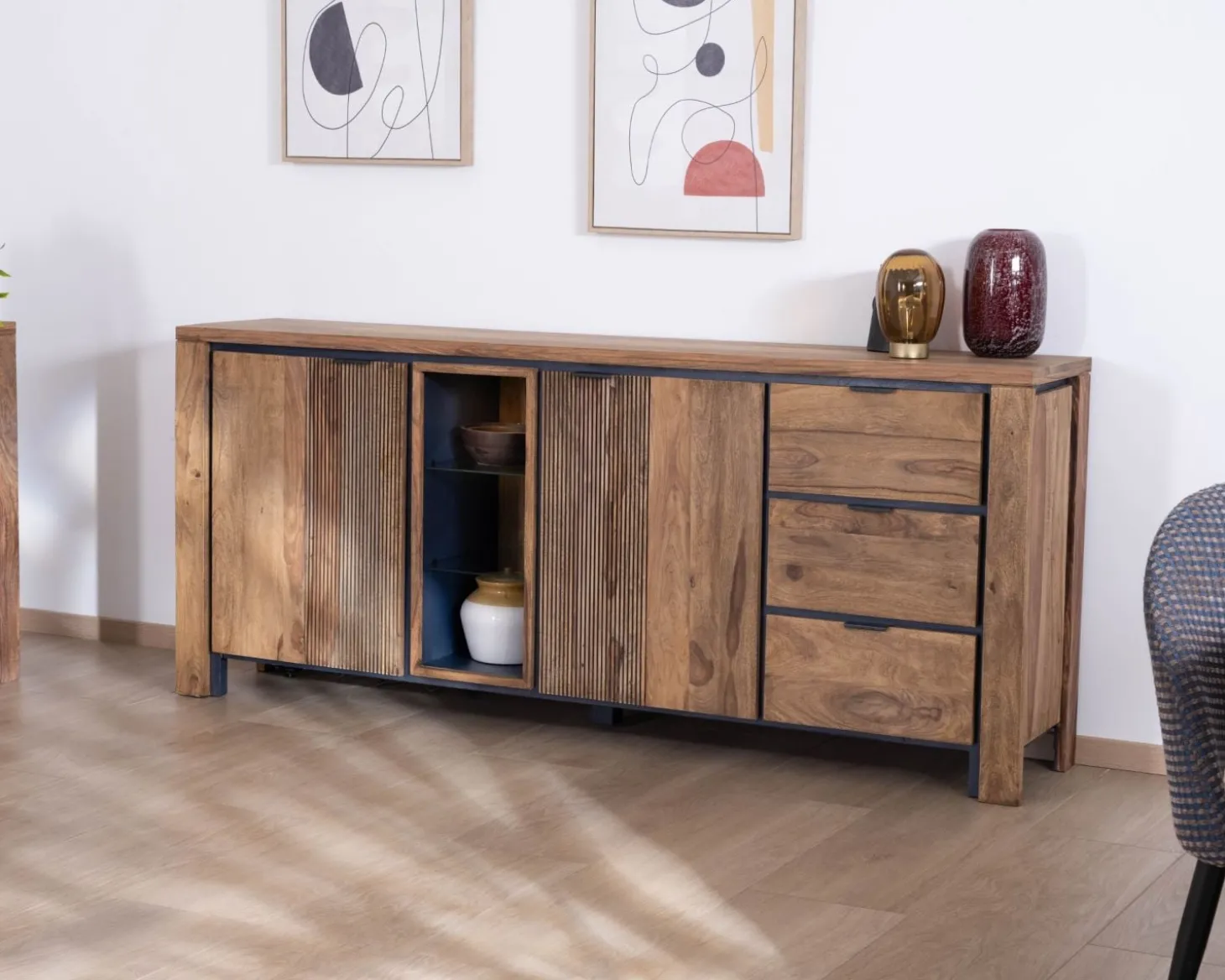 Buffet multi-rangements avec étagères en verre "Enoa" en palissandre et acacia 200 cm