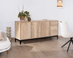 Buffet épuré en manguier massif 180 cm 3 portes et tiroirs