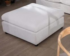 Canapé 3 places avec pouf ottoman carré en tissu doux et bouclé blanc chiné