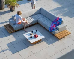 Canapé haut de gamme avec retour droit tissu Sunbrella gris clair 