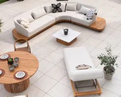 Chaise longue luxueuse teck et tissu écru sans surpiqure 
