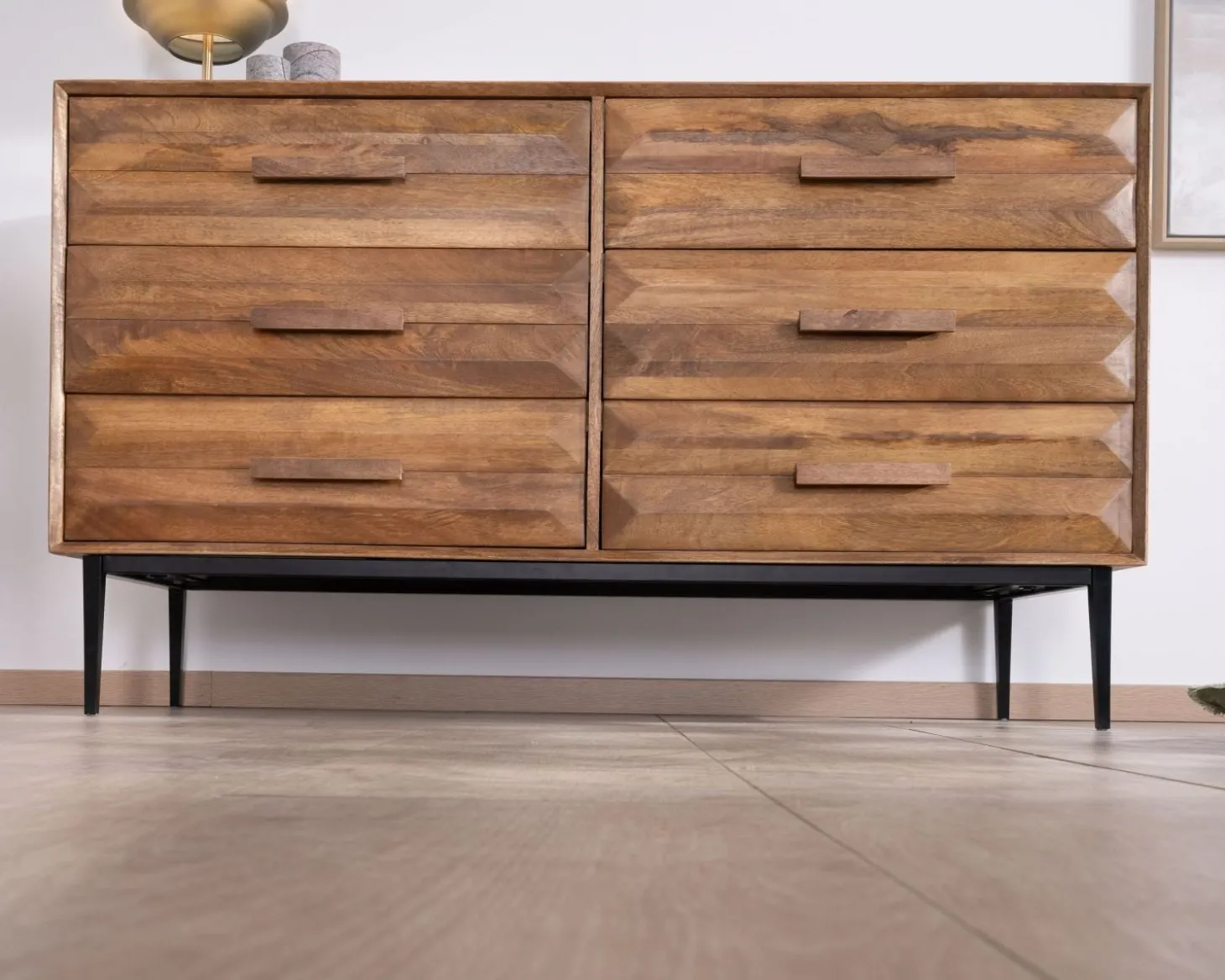 Commode en manguier et pieds métal style rétro "Presto" 6 tiroirs demi largeur