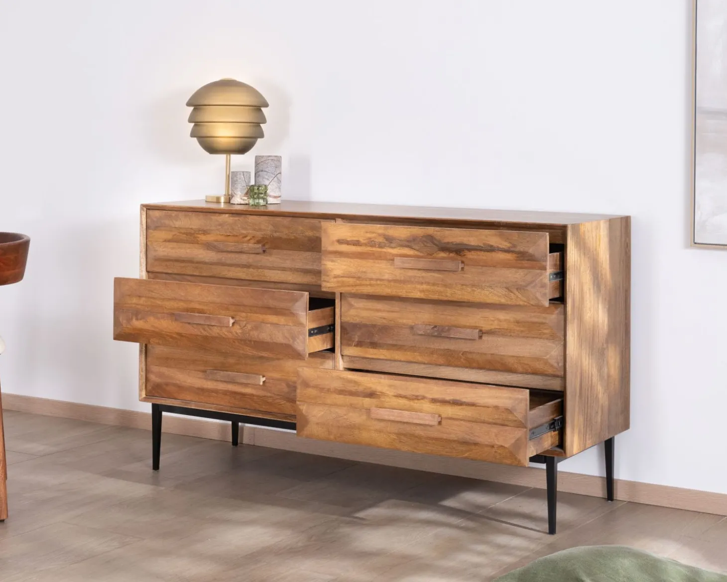 Commode en manguier et pieds métal style rétro "Presto" 6 tiroirs demi largeur