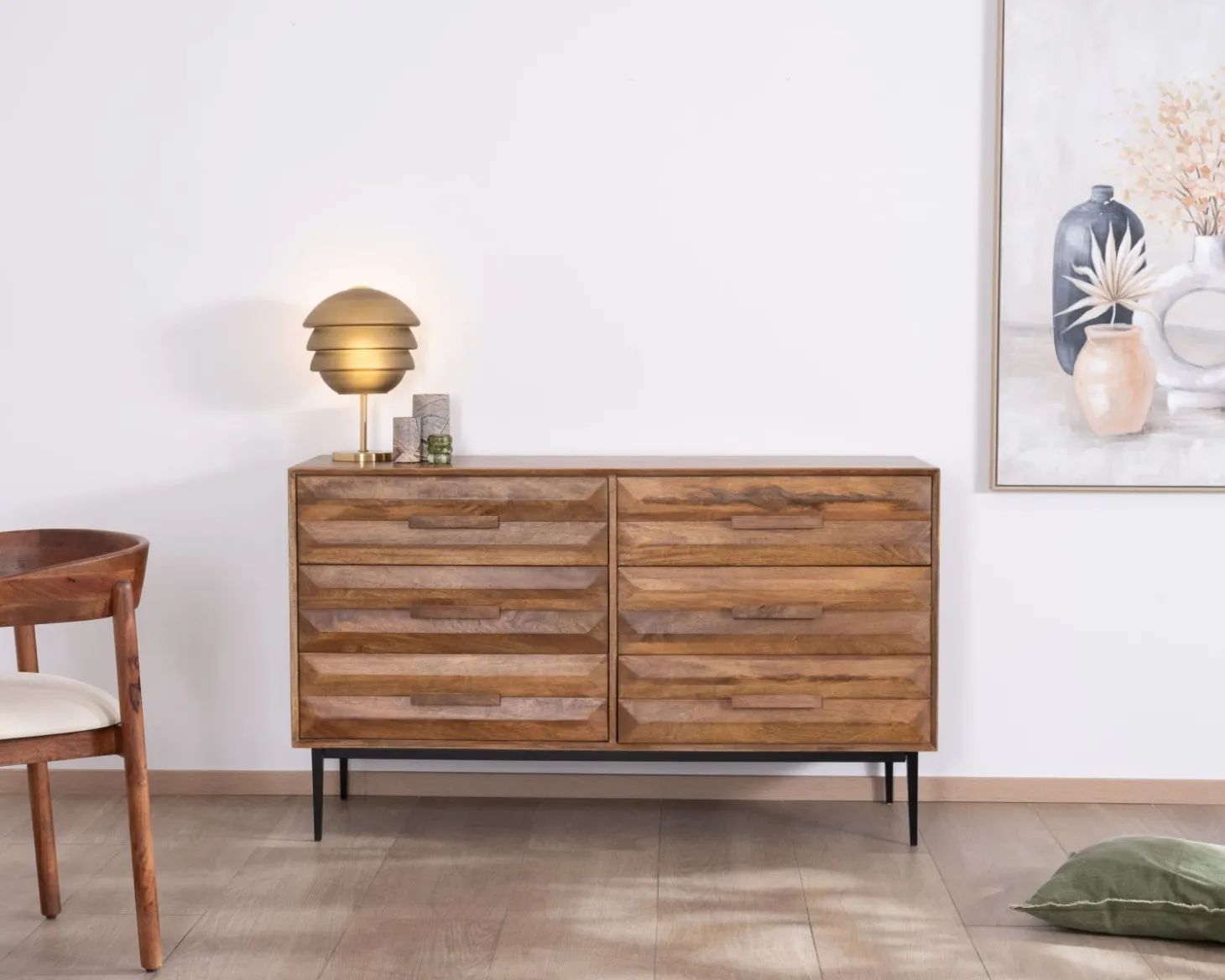 Commode en manguier et pieds métal style rétro "Presto" 6 tiroirs demi largeur