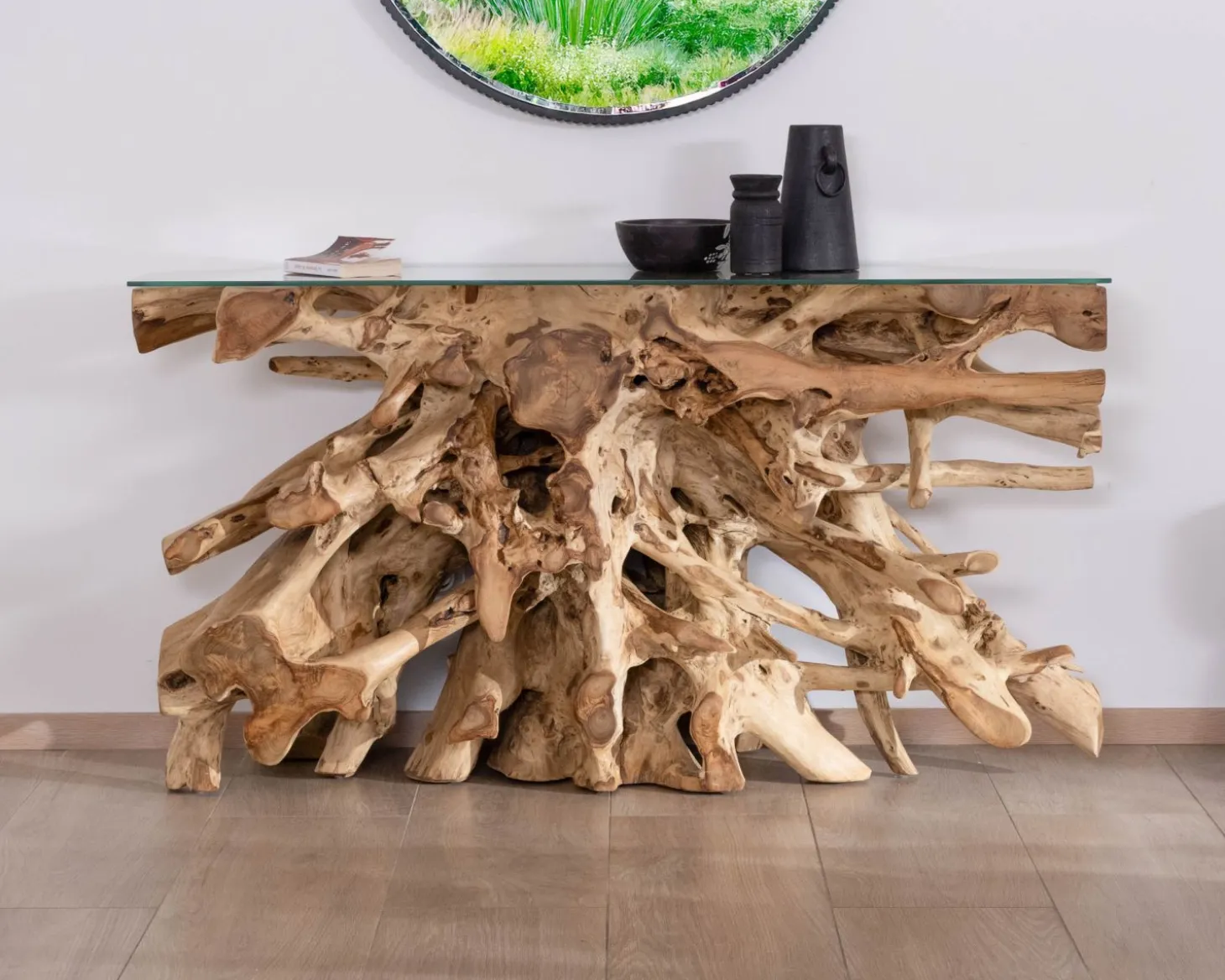 Console en racine de teck naturel avec plateau verre "Jungle"