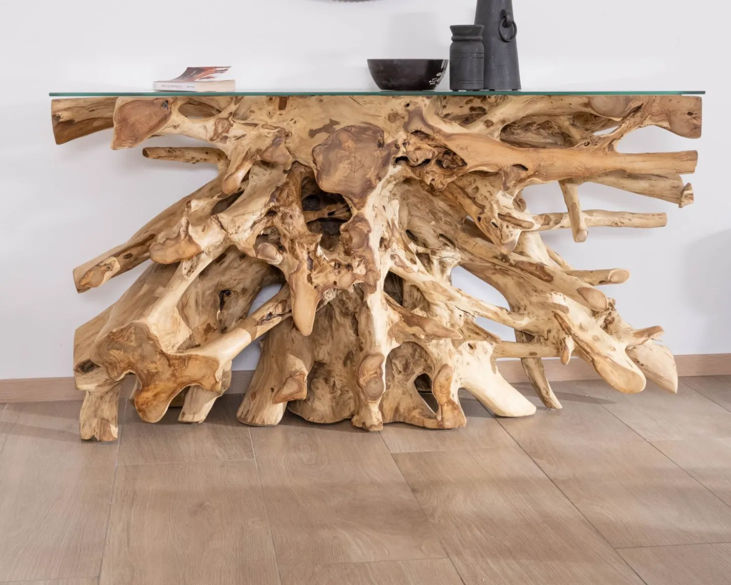 Console en racine de teck naturel avec plateau verre "Jungle"