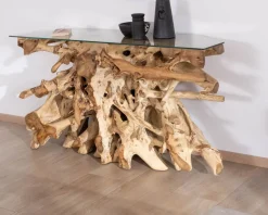 Console en racine de teck naturel avec plateau verre