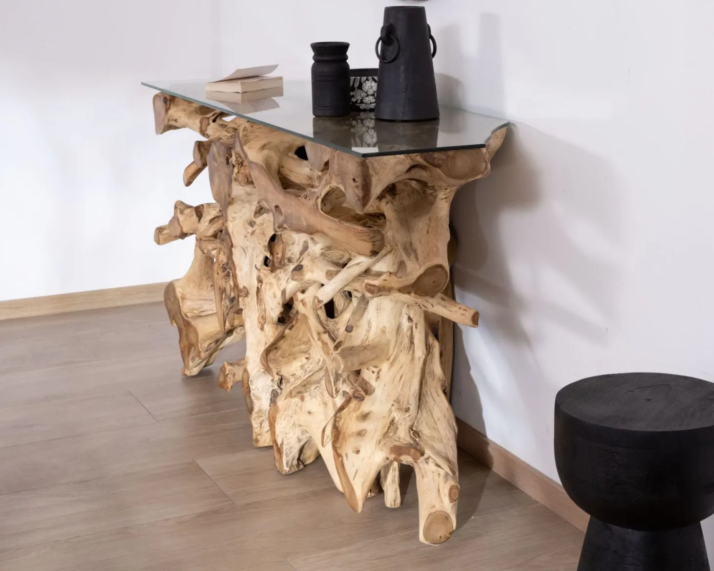 Console en racine de teck naturel avec plateau verre "Jungle"