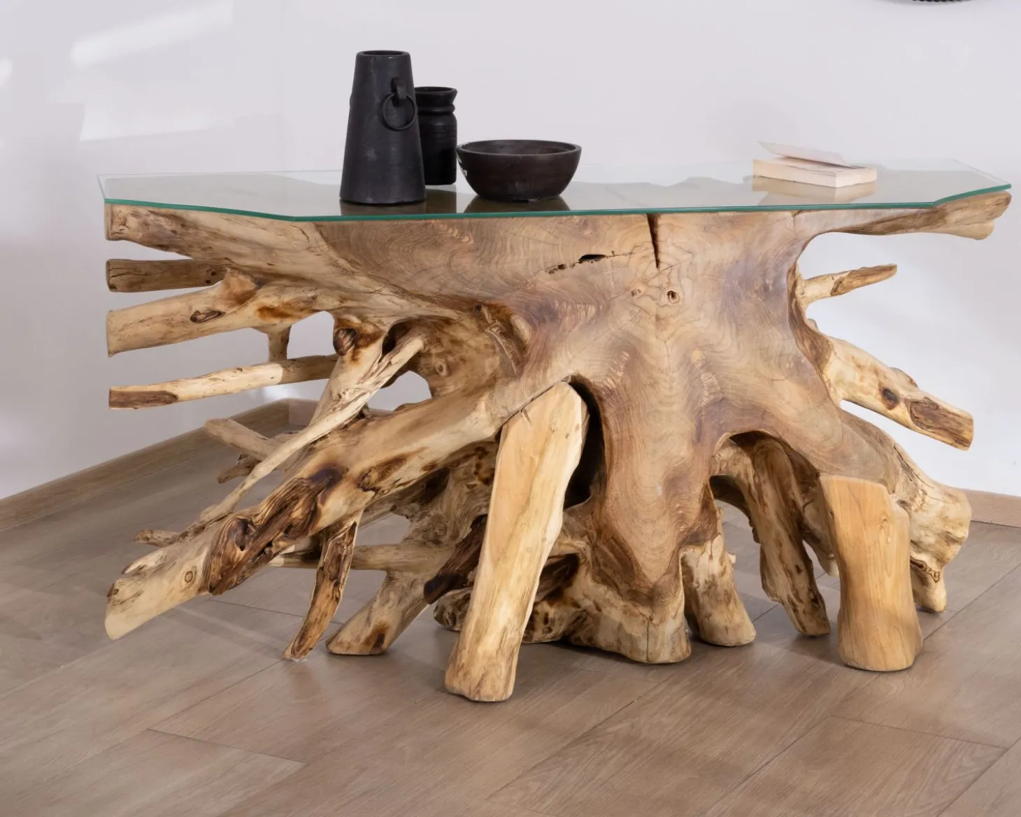 Console en racine de teck naturel avec plateau verre "Jungle"