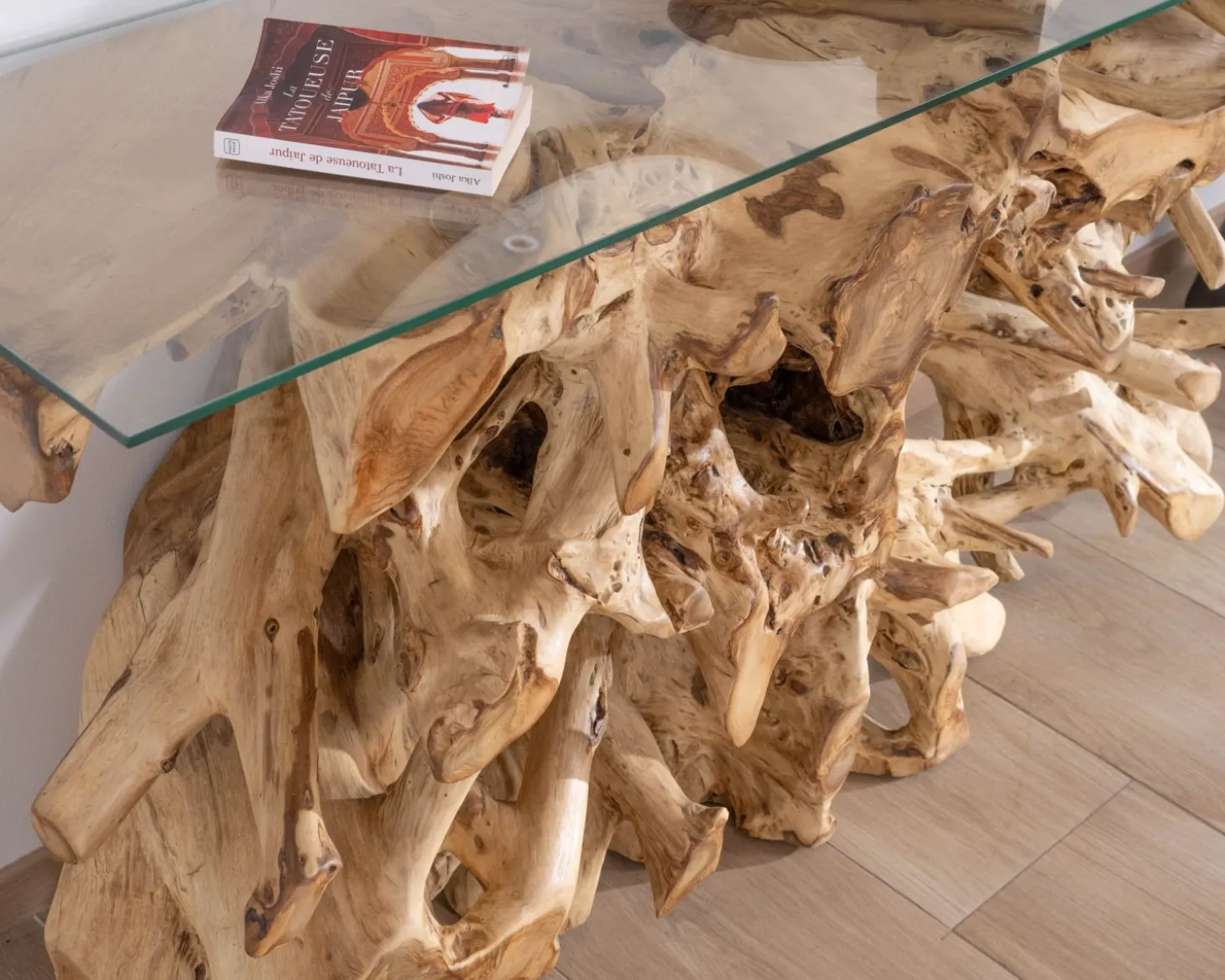 Console en racine de teck naturel avec plateau verre "Jungle"