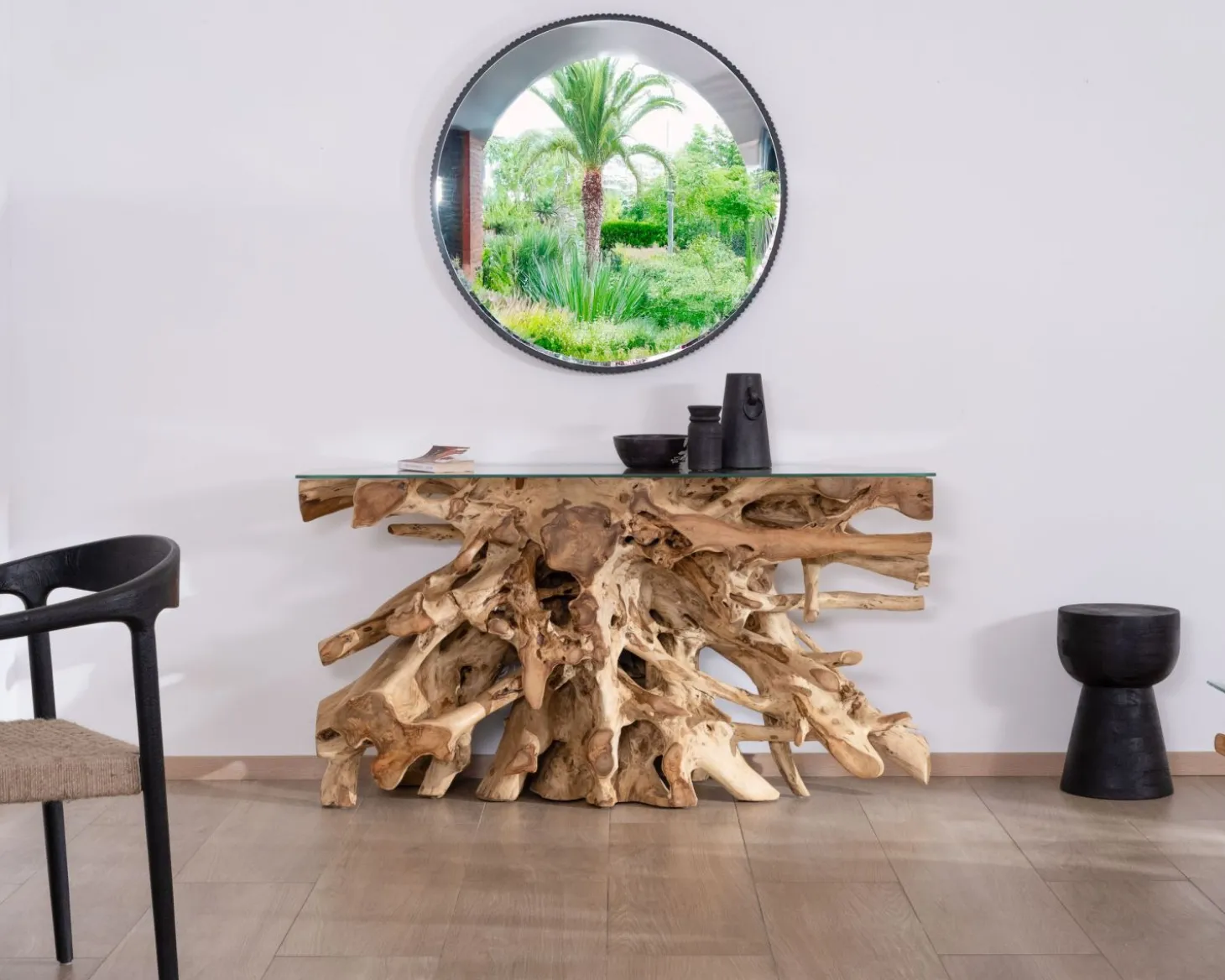 Console en racine de teck naturel avec plateau verre "Jungle"