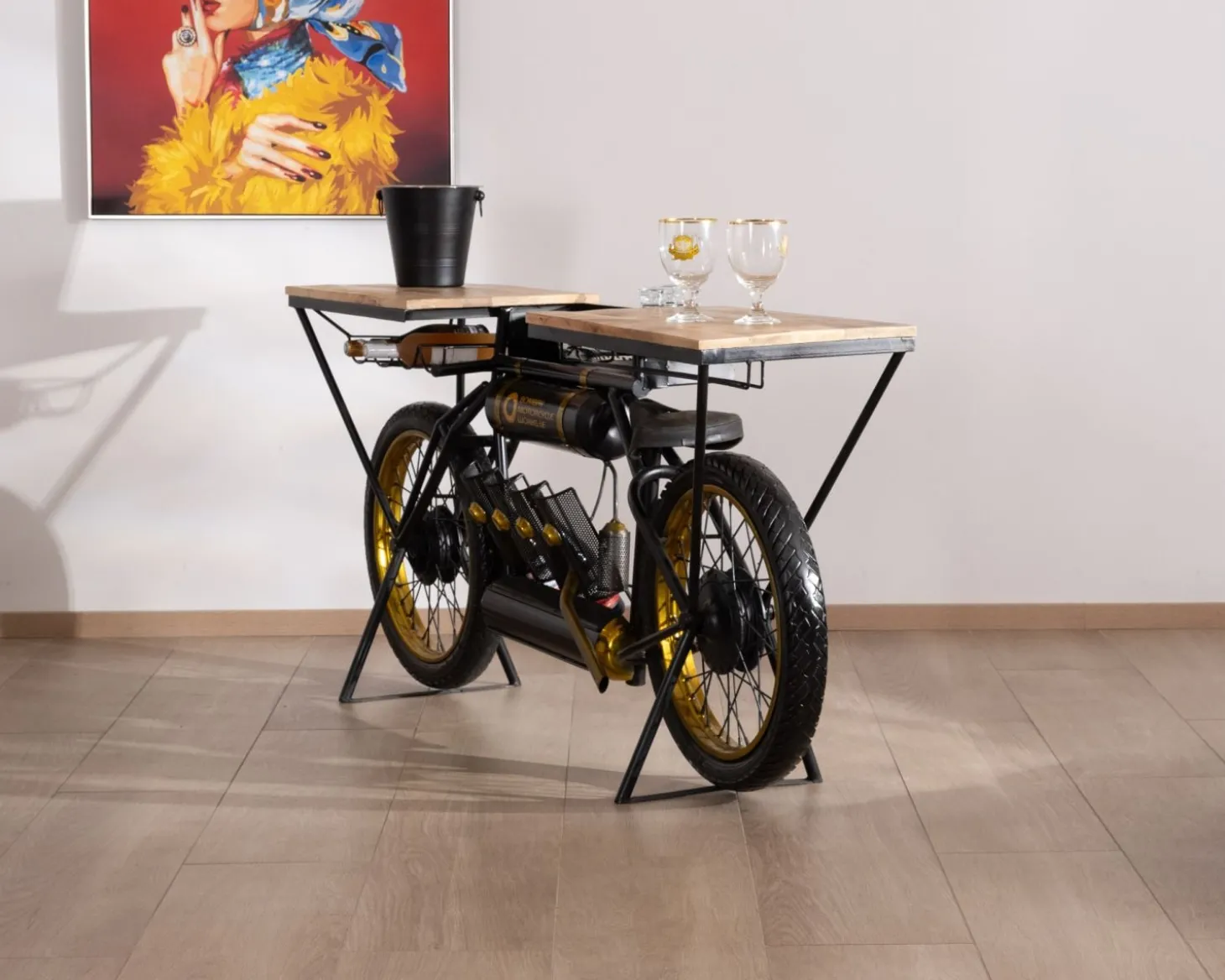 Console moto vintage ultra originale bois et métal noir "Crazy"