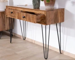 Console vintage en acacia et pieds métal 