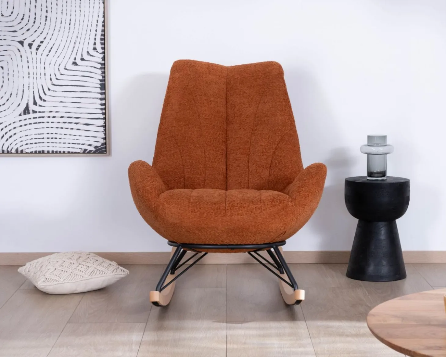Fauteuil à bascule contemporain en tissu bouclette terracotta "Calista"