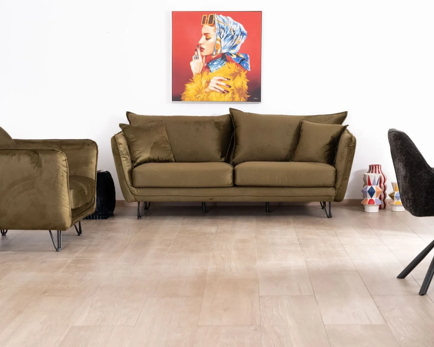 Fauteuil kaki tissu ultra doux design vintage "Hasting"