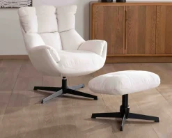 Fauteuil pivotant avec repose-pieds modulaire en tissu bouclette écru 
