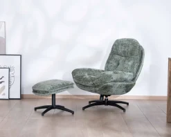 Fauteuil rotatif design rétro en tissu soyeux vert sauge "Branson" avec pouf