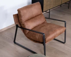 Fauteuil rétro tissu havane et métal noir "Torsten"