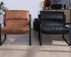 Fauteuil rétro tissu havane et métal noir 