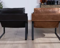 Fauteuil rétro tissu havane et métal noir 