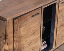 Grand buffet 215 cm acacia massif avec relief noirs, tiroirs et niche avec étagères vitrées "Fantaisie"