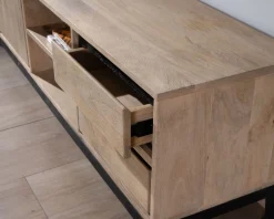 Grand meuble TV bicolore en manguier avec portes, niches et tiroirs 