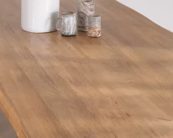 Grande table de repas 240 cm plateau en manguier bords naturels "Presolino" pieds croix métal