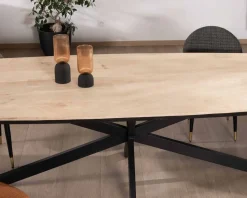Grande table de repas 300cm manguier massif finition sablée bords biseautés noirs et pieds étoile 