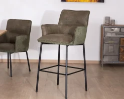 Lot de 2 chaises de bar bi-matière vert et pieds en métal noir 