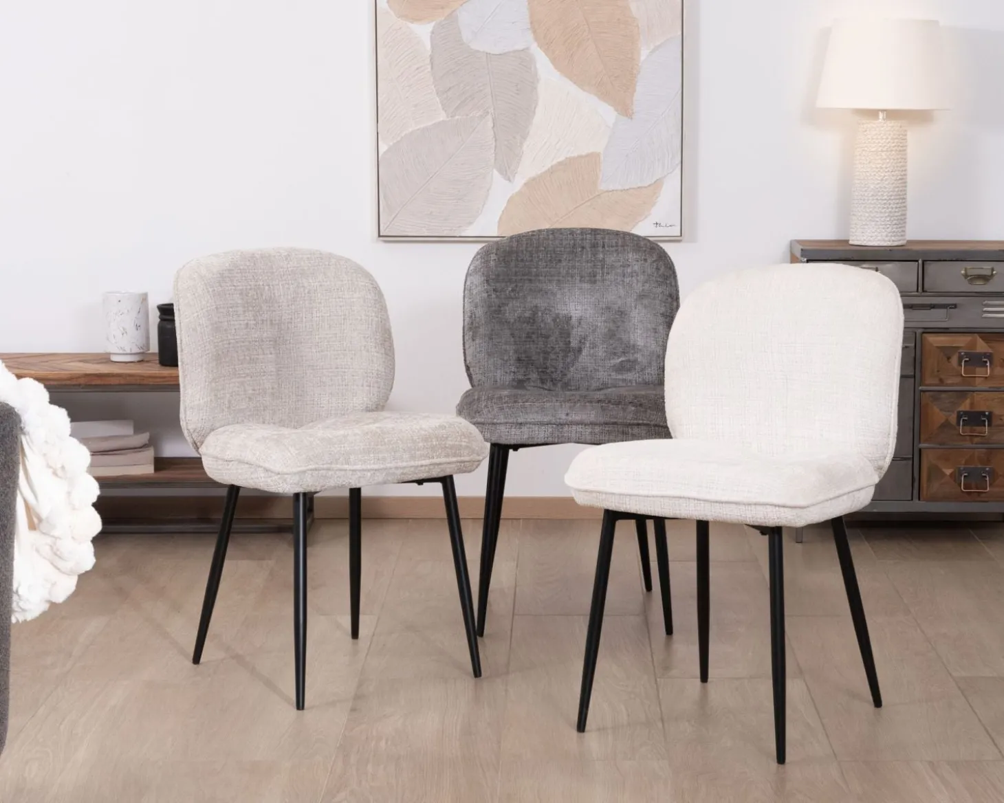 Lot de 2 chaises de repas design arrondi en tissu bouclette gris beige "Kinsac"
