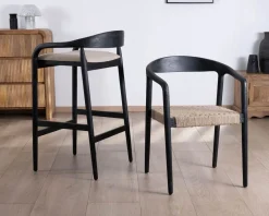 Lot de 2 chaises design en bois noir et assise jute tressée 
