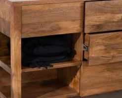 Meuble de salle de bain double en manguier foncé 140 cm avec niches et tiroirs 