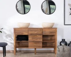 Meuble de salle de bain double en manguier foncé 140 cm avec niches et tiroirs 