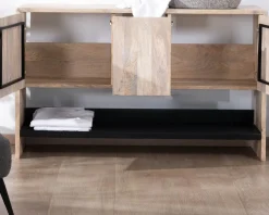 Meuble sous vasque double en bois graphique naturel et noir 