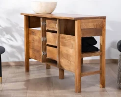 Meuble sous vasque en manguier foncé 120 cm avec niches et tiroirs 